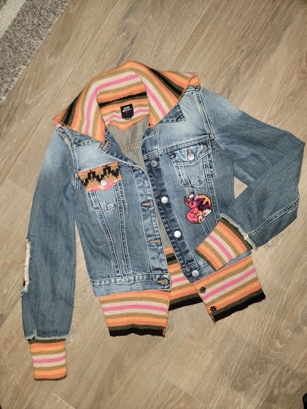 Miss Sixty Y2k Striped Knit Trim Denim Jacket with Patch | Size XS